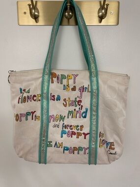 Coach Cream Canvas Tote with Teal Glitter Trim and Multicolor Lettering